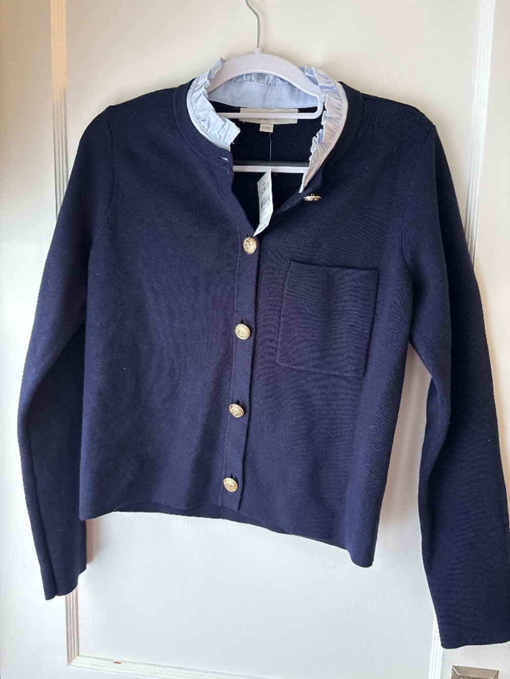Loft Navy Cardigan with Light Blue Collar, Sz XS, NWT